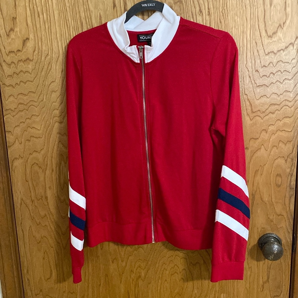 Younique Large Red with blue and white stripes Jacket Poly Rayon Spandex